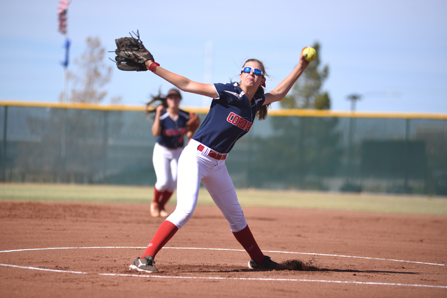 Coronado’s Tatum Spangler (5) pitches against Las Vegas High School during their softb ...