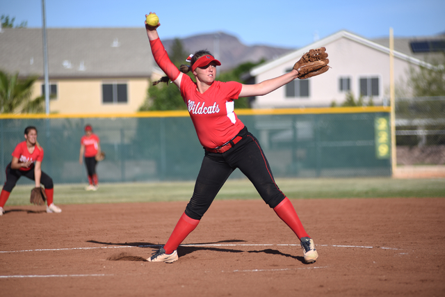 Las Vegas High School’s Summer Horn (18) pitches against Coronado during their softbal ...