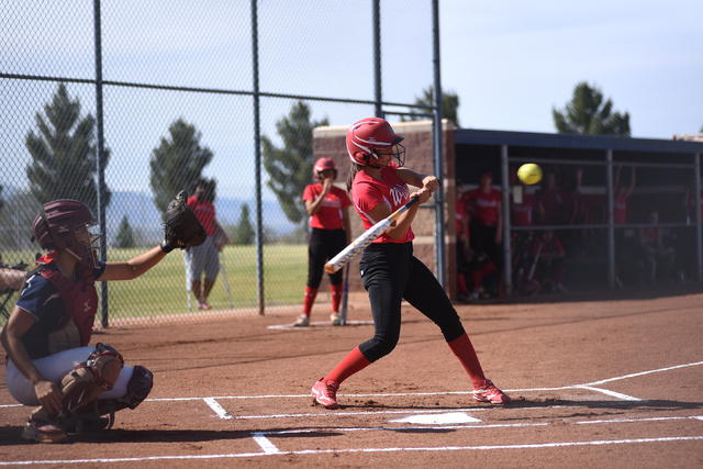 Las Vegas High School’s Stephany Ahmed (3) swings at a pitch against Coronado during t ...