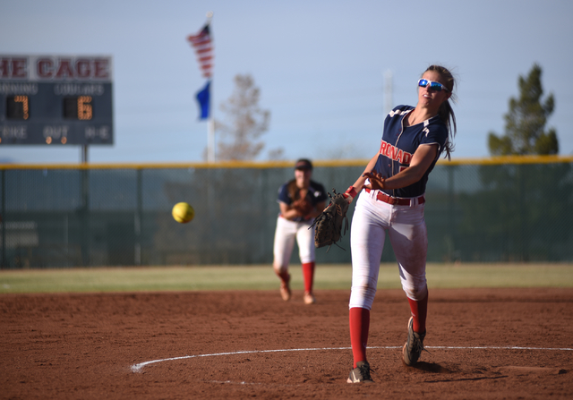 Coronado’s Tatum Spangler (5) pitches against Las Vegas High School during their softb ...