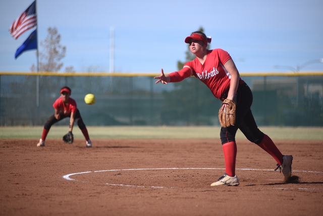 Las Vegas High School’s Summer Horn (18) pitches against Coronado during their softbal ...