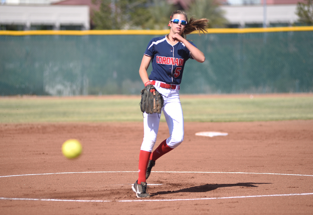 Coronado’s Tatum Spangler (5) pitches against Las Vegas High School during their softb ...