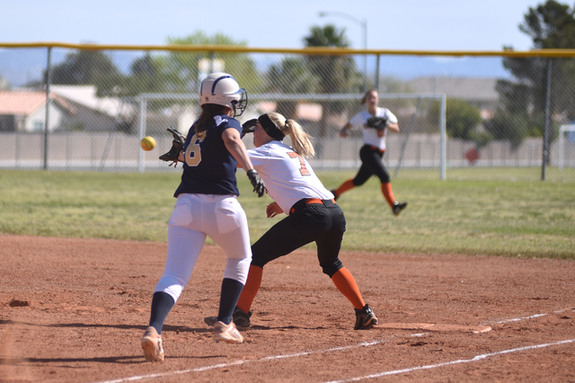 Chaparral’s Diana Jennings (7) catches the ball for an out before Cheyenne’s Tay ...