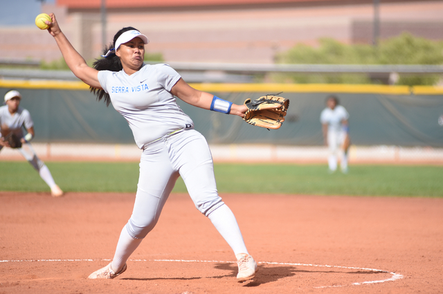 Sierra Vista’s Kalei Watkins (8) pitches against Faith Lutheran during their softball ...