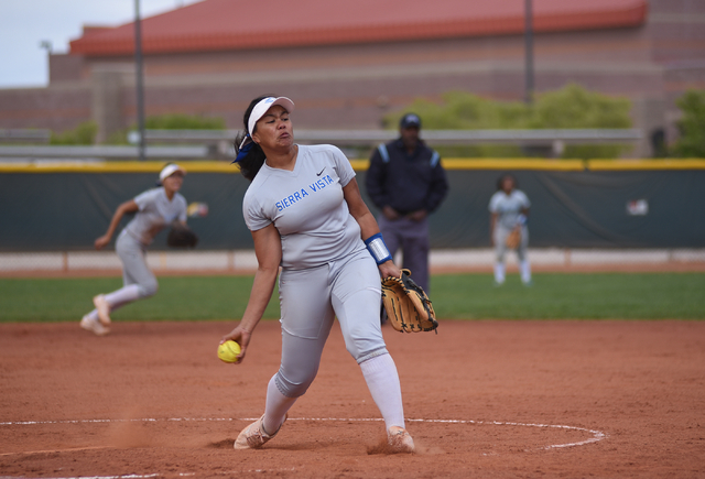 Sierra Vista’s Kalei Watkins (8) pitches against Faith Lutheran during their softball ...