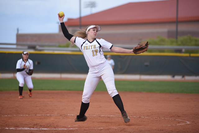 Faith Lutheran’s Haley Jack (17) pitches against Sierra Vista during their softball ga ...