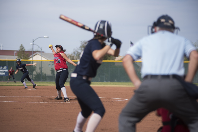 Coronado’s Jillian James (18) pitches against Spring Valley during their softball game ...