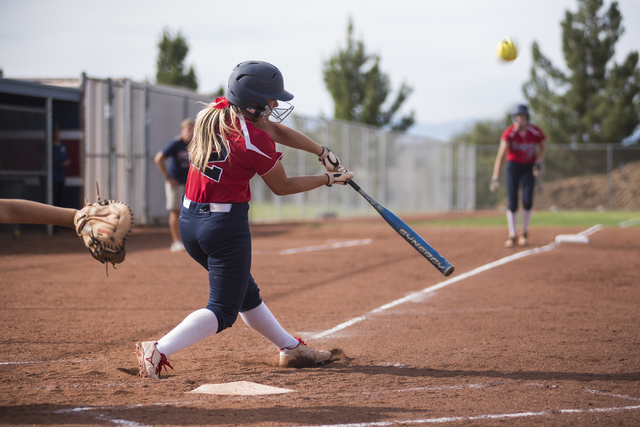 Coronado’s Brooke Younie (12) hits the ball against Spring Valley during their softbal ...