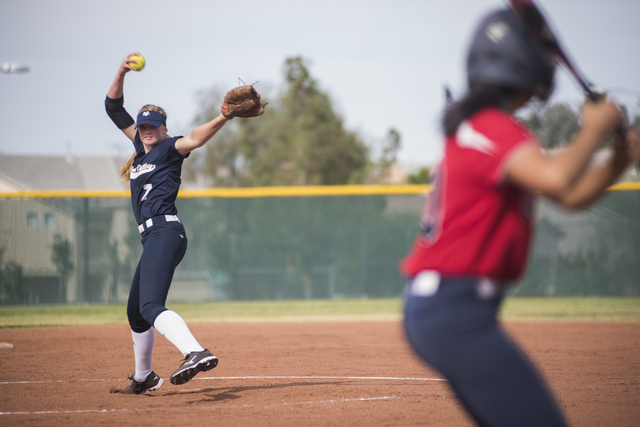 Spring Valley’s Michaela Hood (7) pitches against Coronado during their softball game ...