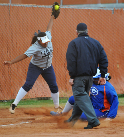 Legacy’s Alyssa Sotelo hauls in a high throw as Bishop Gorman’s Jasmine Gibson s ...