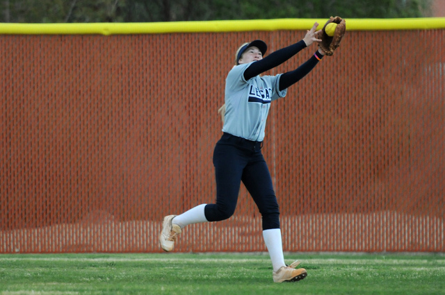 Legacy center fielder Gabrielle Rinker (6) makes a catch against Bishop Gorman on Wednesday ...