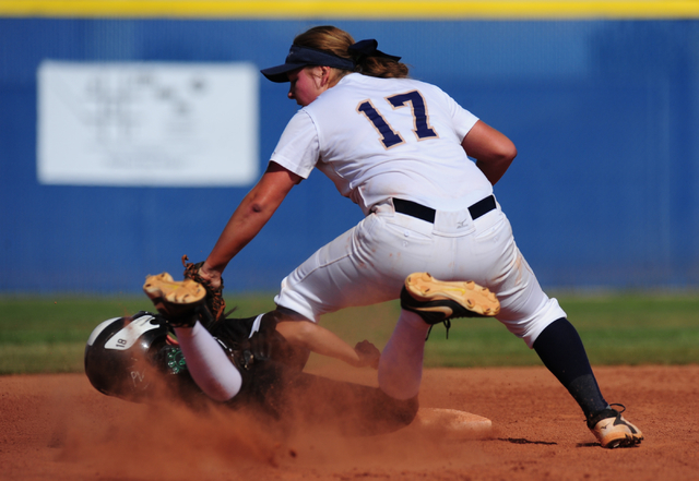 Shadow Ridge shortstop Alisha Schultz doubles up Palo Verde base runner Veronica Santana at ...