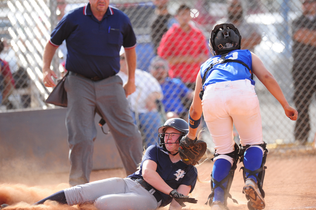 Sierra Vista catcher Mia Buranamonti tags out Spring Valley base runner Michaela Hood at hom ...