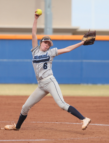 Centennial’s Cheyenne Cudahy pitches during a softball game at Bishop Gorman on Friday ...