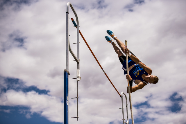 Caleb Witsken of Moapa Valley competes in the pole vault during the Nevada state track meet ...