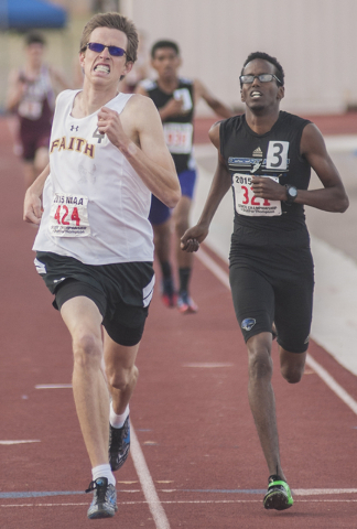 Faith Lutheran High School’s Chase Wood finishes the D1A 1600-meter race in first plac ...