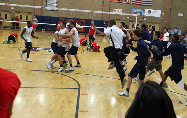 Legacy players and staff celebrate after defeating Las Vegas 3-0 in the Division I state vol ...