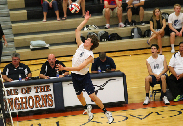 Legacy’s Trent Compton (8) attacks against Las Vegas during the Division I state volle ...