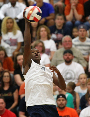 Legacy’s Zaire Franklin (4) hits the ball against Las Vegas during the Division I sta ...