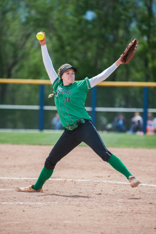 Sam Pochop (72), pitcher for Rancho, throws against Spanish Springs during NIAA DI softball ...