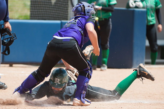 Rancho’s Kayla Coles (8) is tagged at home plate by Spanish Springs’ Kourtney To ...