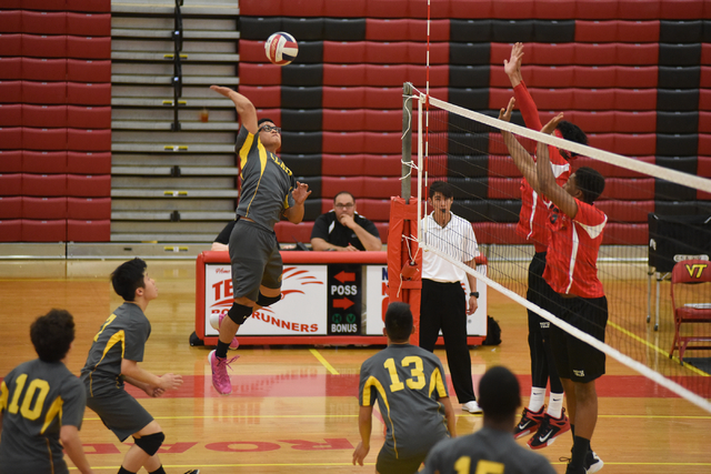 Clark’s Alan Cruz (8) spikes the ball against Tech during their Division I-A state vol ...