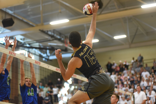 Foothill’s Tyler Jacob (15) spikes the ball against Green Valley during their Division ...