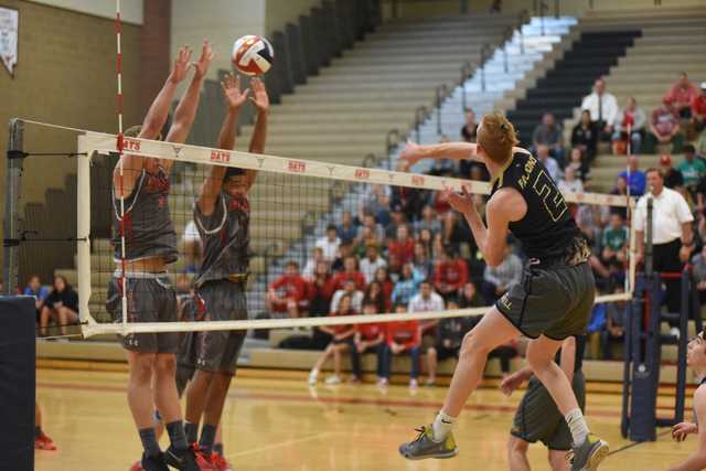 Foothill’s Mason Hansen (2) spikes the ball against Arbor View during their Division I ...