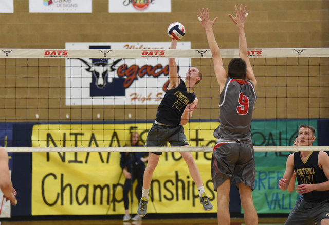 Foothill’s Mason Hansen (2) spikes the ball against Arbor View during their Division I ...