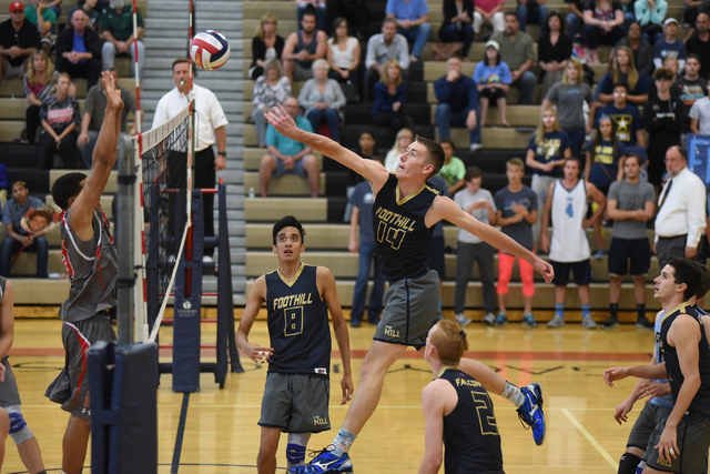 Foothill’s Jonny Rolle (14) tips the ball against Arbor View during their Division I s ...