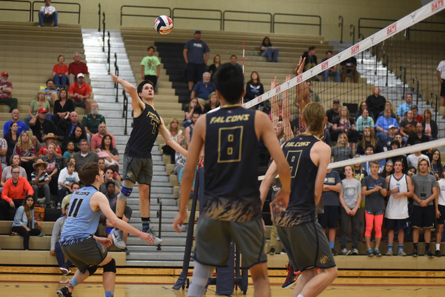 Foothill’s Eric Szukiewicz (7) spikes the ball against Arbor View during their Divisio ...