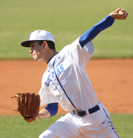 Bishop Gorman’s Matt Mitchell pitches during a Sunset Region baseball second-round gam ...