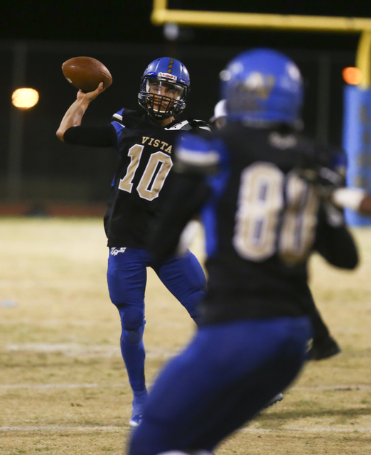 Sierra Vista quarterback Oscar Aliaga (10) throws a pass while playing a football game at Si ...