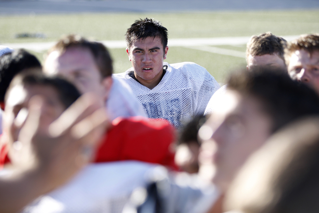 The Meadows running back Bryson Navallo listens to his coach during practice. Navallo rushed ...