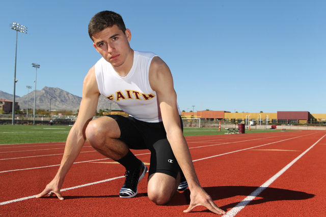 Faith Lutheran runner Mark Rubalcaba, 18, poses for a portrait during a track practice at Fa ...