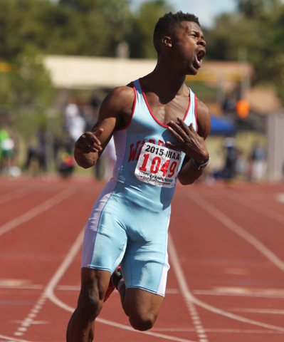 Western’s Kenric Davis wins the Division I-A 100 meter dash during the Nevada NIAA sta ...