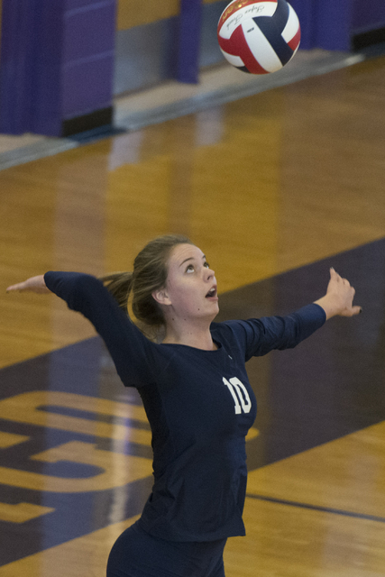 Shadow Ridge’s Stacey Hone (10) serves the ball against Durango during a Sunset Region ...