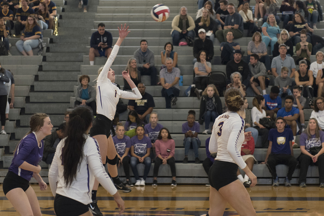 Durango’s Hailey Kraft (1), left, hits the ball against Shadow Ridge during a Sunset R ...