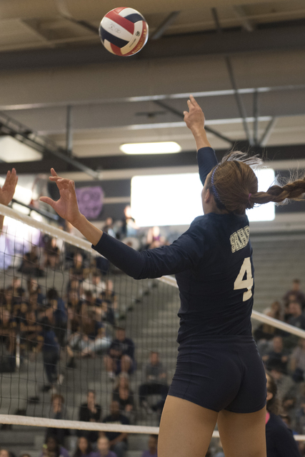 Shadow Ridge’s Kizzy Rodriguez (4) hits the ball against Durango during a Sunset Regio ...