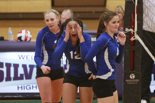 Basic’s Kimberly Austin reacts after scoring against Las Vegas during the Sunrise Reg ...