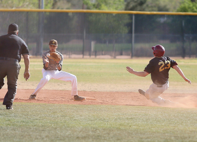 Bonanza’s Cruz Nevarez, left, waits for the ball to arrive as Faith Lutheran’s B ...