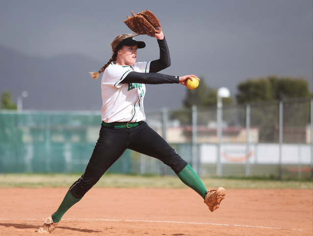 Samantha Pochop (72) throws a pitch during a game between the Rancho High School Rams and th ...