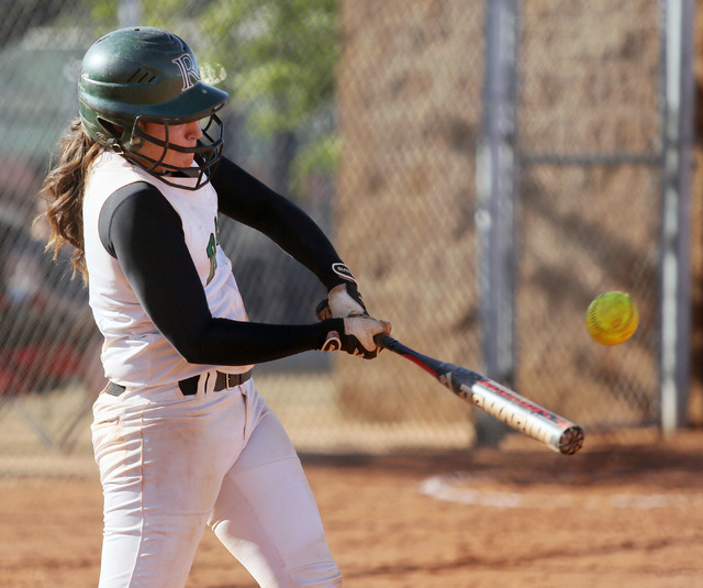 Rancho’s McKinzi Vega takes a swing during the Rams’ 7-0 win over Durango on Mon ...