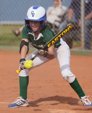 Green Valley’s Maggie Manwarren attemps a bunt during a game against Cimarron-Memorial ...