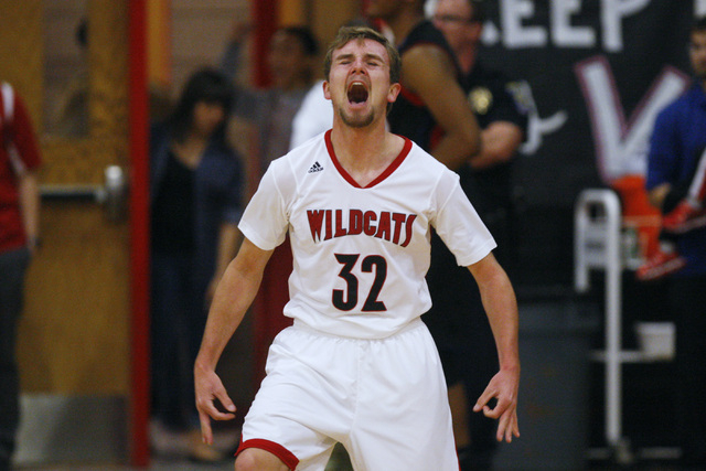 Las Vegas guard Trevor Swenson celebrates his 3-point shot against Valley during their &quot ...