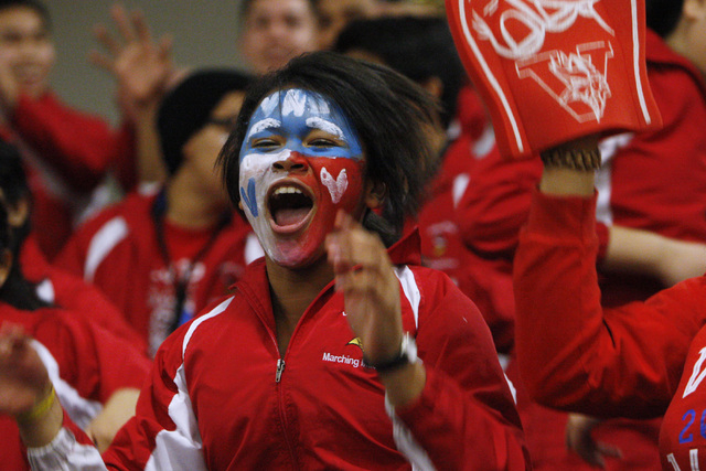 Valley band members cheer during their "V Game" against Las Vegas Thursday, Feb. 5 ...