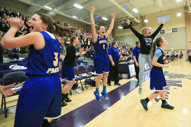 The Moapa Valley High School Pirates celebrate beating Virgin Valley High School in the Clas ...