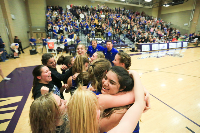 The Moapa Valley High School Pirates celebrate beating Virgin Valley High School in the Clas ...