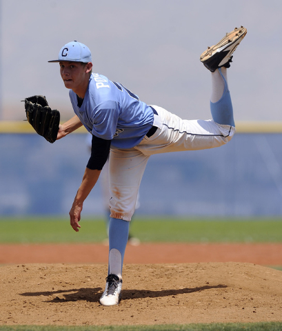 Centennial pitcher Cooper Powell delivers against the Bishop Gorman in the second inning of ...