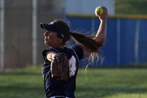 Shadow Ridge pitcher Shelbi Denman throws to a Centennial batter during their softball game ...